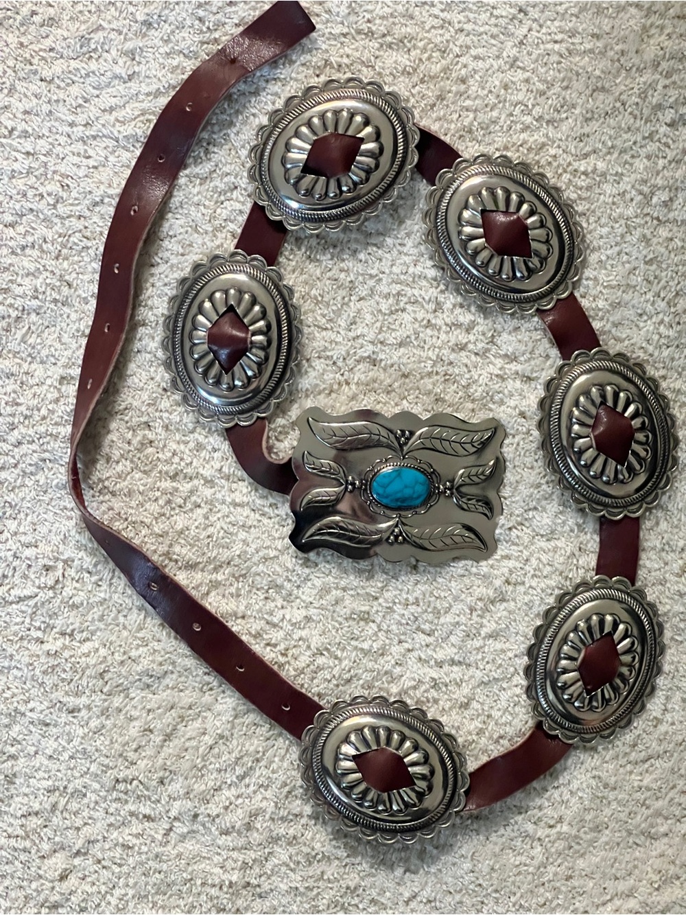 Women's Brown Leather Western Concho Belt with Turquoise Buckle